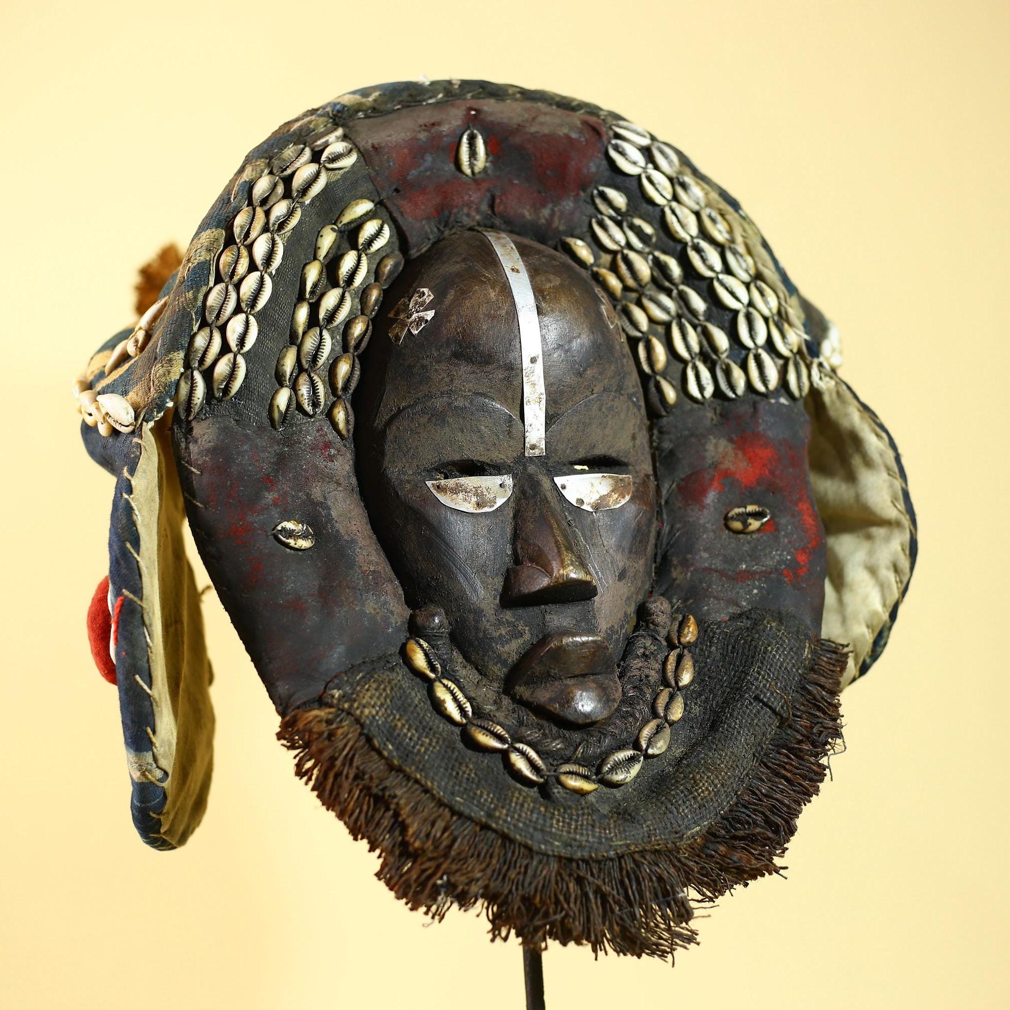 African Antique Dan Mask Côte d'Ivoire Cowrie Headpiece Wood Carved Tribal-G6014
