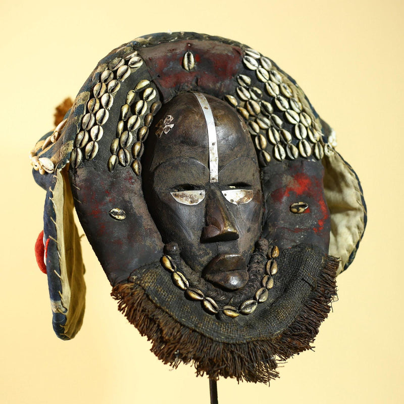 African Antique Dan Mask Côte d'Ivoire Cowrie Headpiece Wood Carved Tribal-G6014