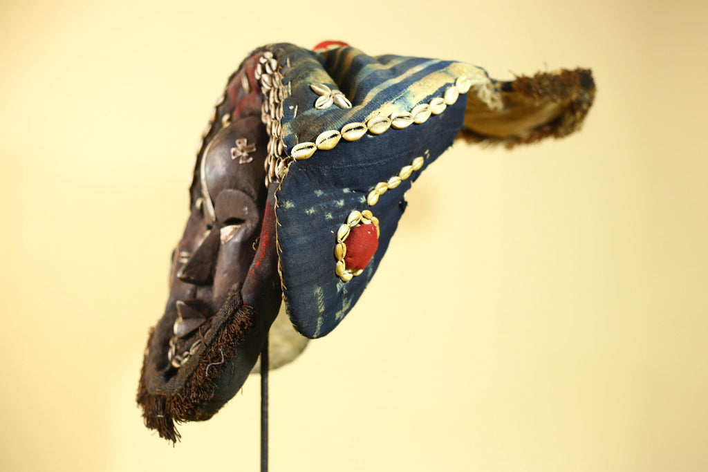 African Antique Dan Mask Côte d'Ivoire Cowrie Headpiece Wood Carved Tribal-G6014