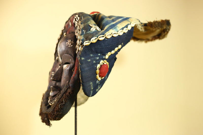 African Antique Dan Mask Côte d'Ivoire Cowrie Headpiece Wood Carved Tribal-G6014