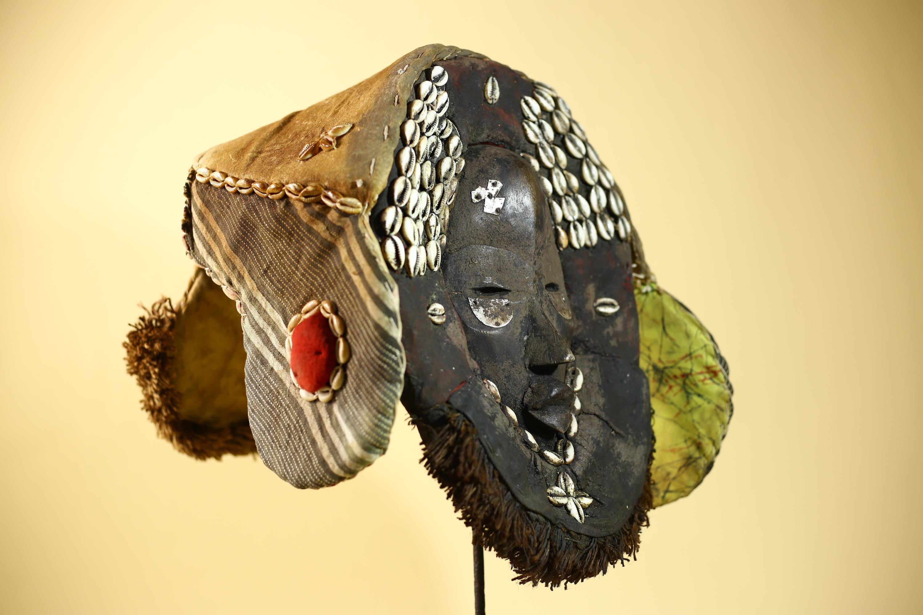 Antique Dan African Mask with Cowrie Shells Hood Tribal Ceremonial Mask-G6015