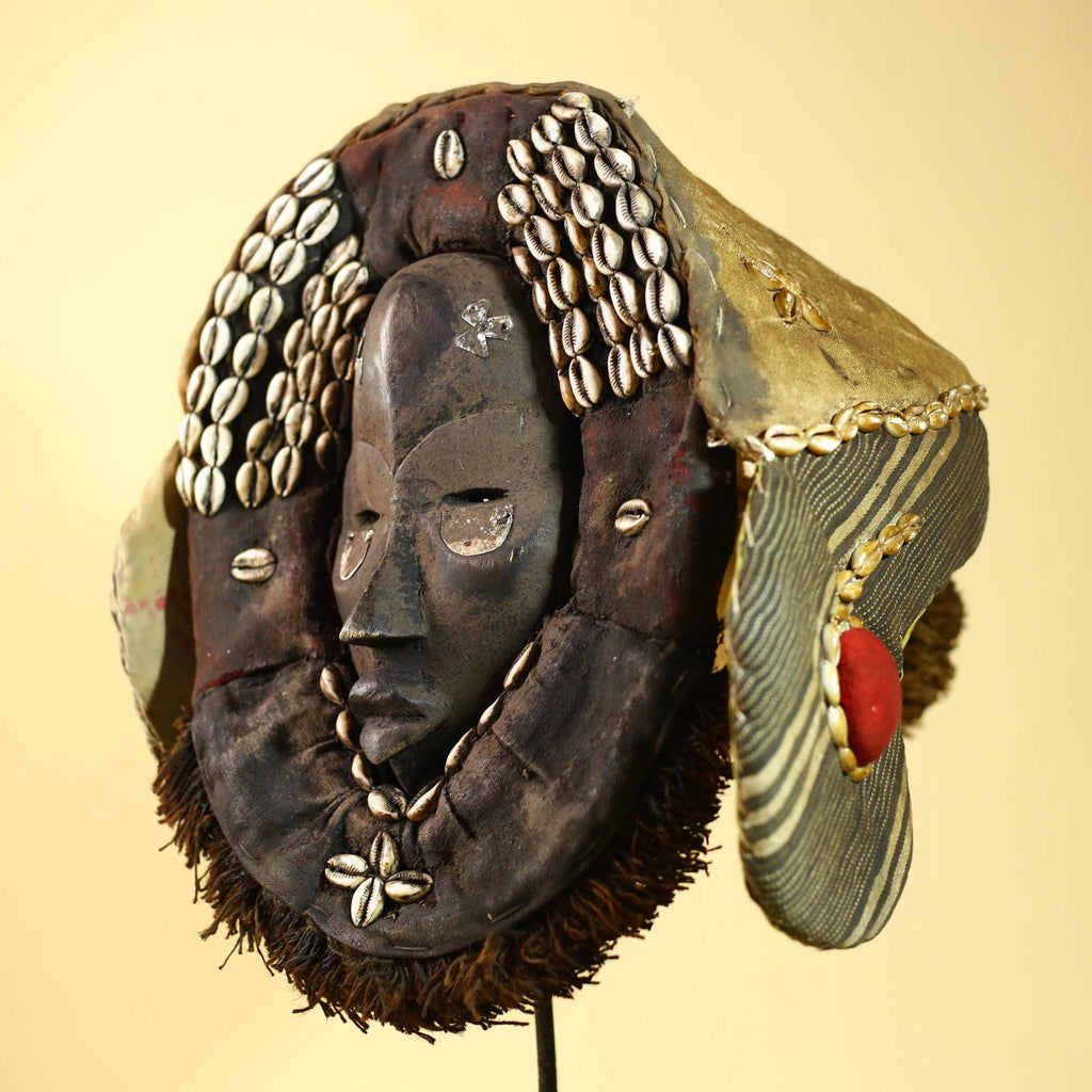 Antique Dan African Mask with Cowrie Shells Hood Tribal Ceremonial Mask-G6015