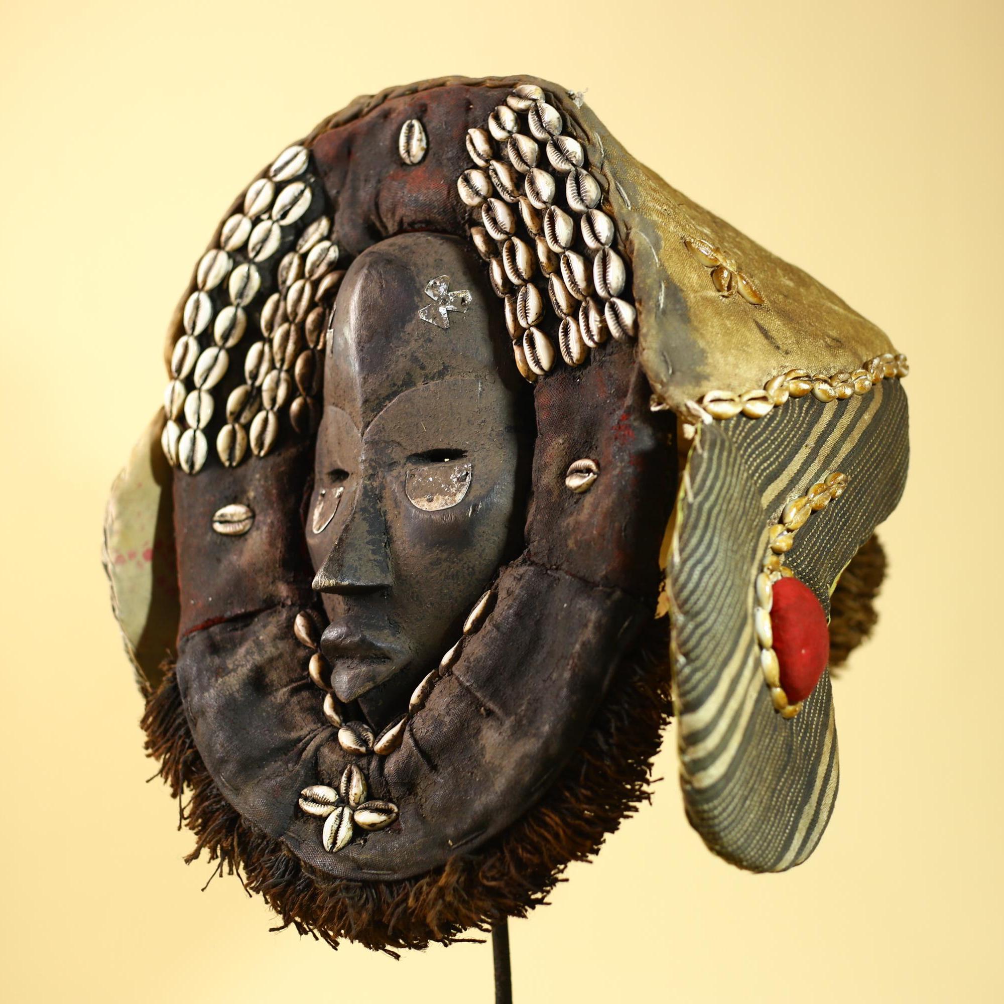Antique Dan African Mask with Cowrie Shells Hood Tribal Ceremonial Mask-G6015