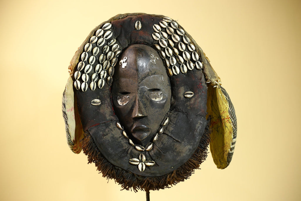 Antique Dan African Mask with Cowrie Shells Hood Tribal Ceremonial Mask-G6015