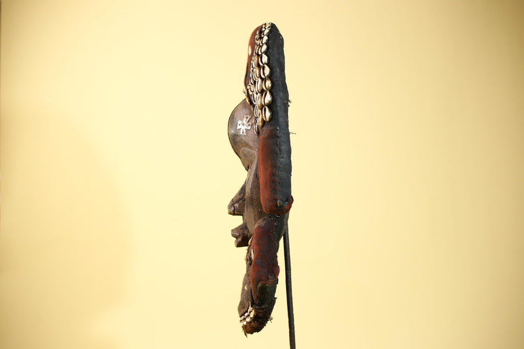 African Dan Cowrie Shell Headdress Tribal Wood Mask with Metal Inlay-G6016
