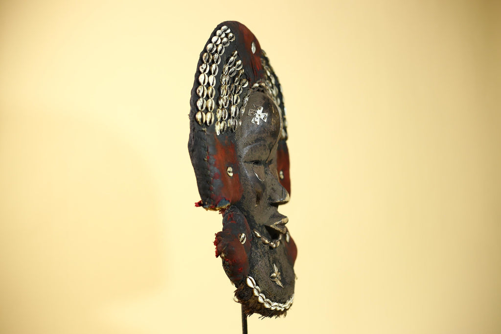 African Dan Cowrie Shell Headdress Tribal Wood Mask with Metal Inlay-G6016