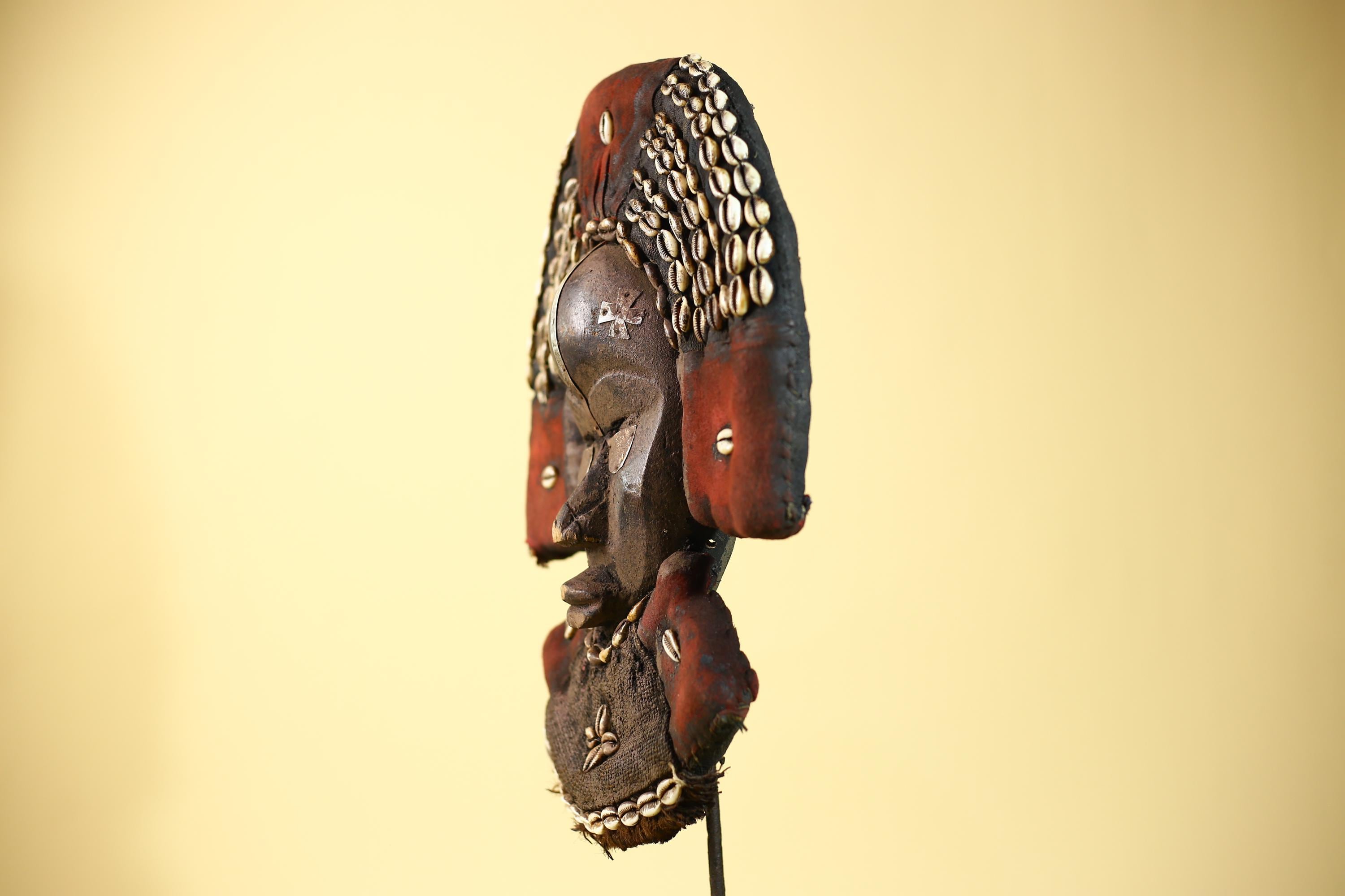 African Dan Cowrie Shell Headdress Tribal Wood Mask with Metal Inlay-G6016