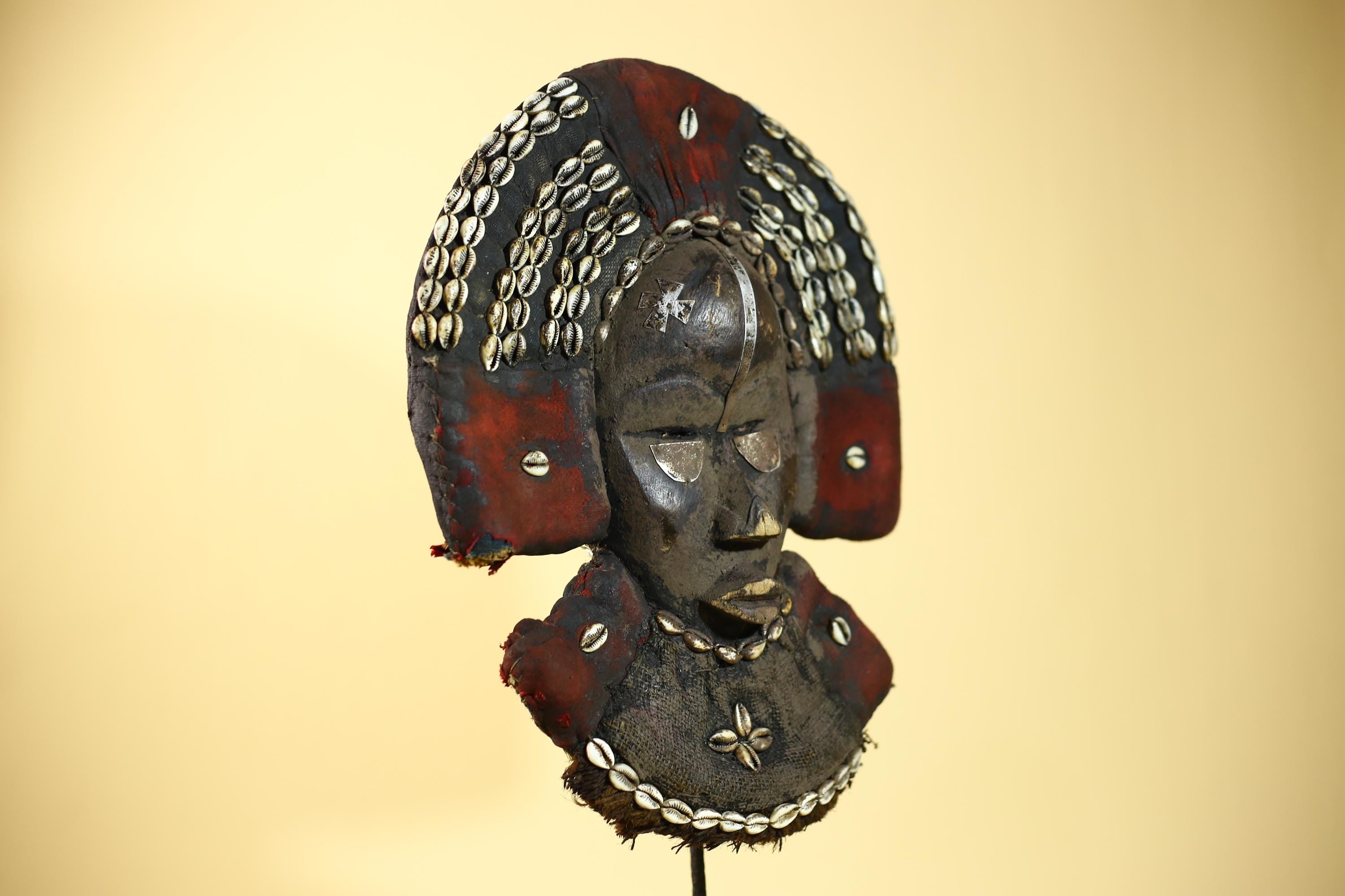African Dan Cowrie Shell Headdress Tribal Wood Mask with Metal Inlay-G6016