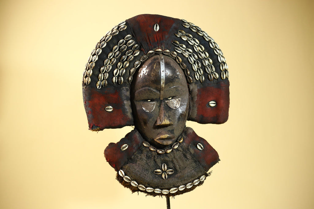 African Dan Cowrie Shell Headdress Tribal Wood Mask with Metal Inlay-G6016