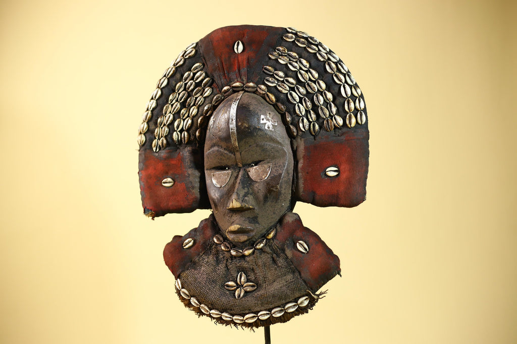 African Dan Cowrie Shell Headdress Tribal Wood Mask with Metal Inlay-G6016