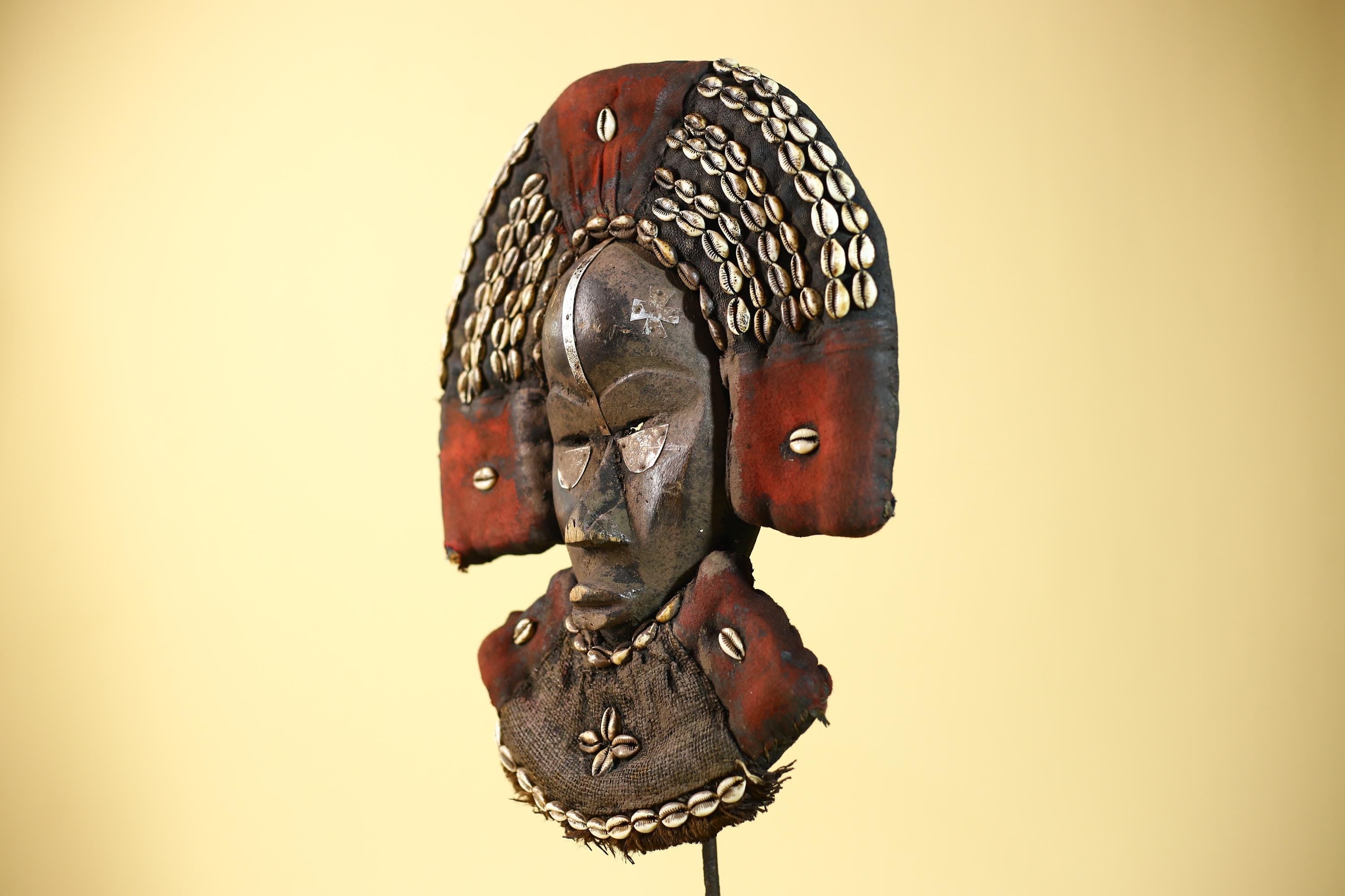 African Dan Cowrie Shell Headdress Tribal Wood Mask with Metal Inlay-G6016