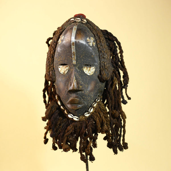 Vintage Dan Mask with Braided Hair &Cowrie Details African Tribal Mask Art-G6017