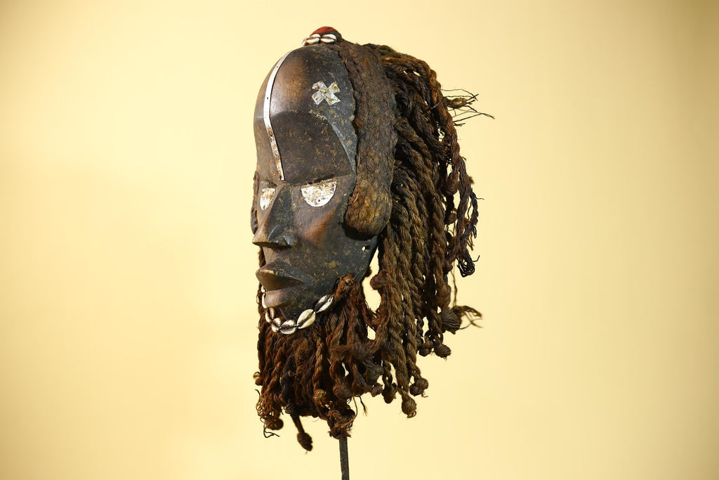 African Vintage Dan Mask Braided Fiber Hair Cowrie Shell Metal Inlay Eyes-G6018