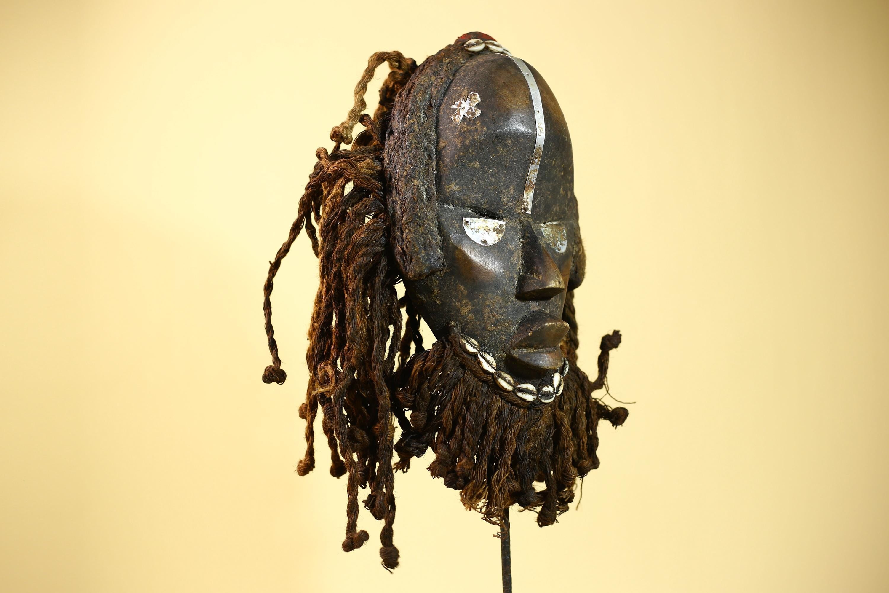 African Vintage Dan Mask Braided Fiber Hair Cowrie Shell Metal Inlay Eyes-G6018
