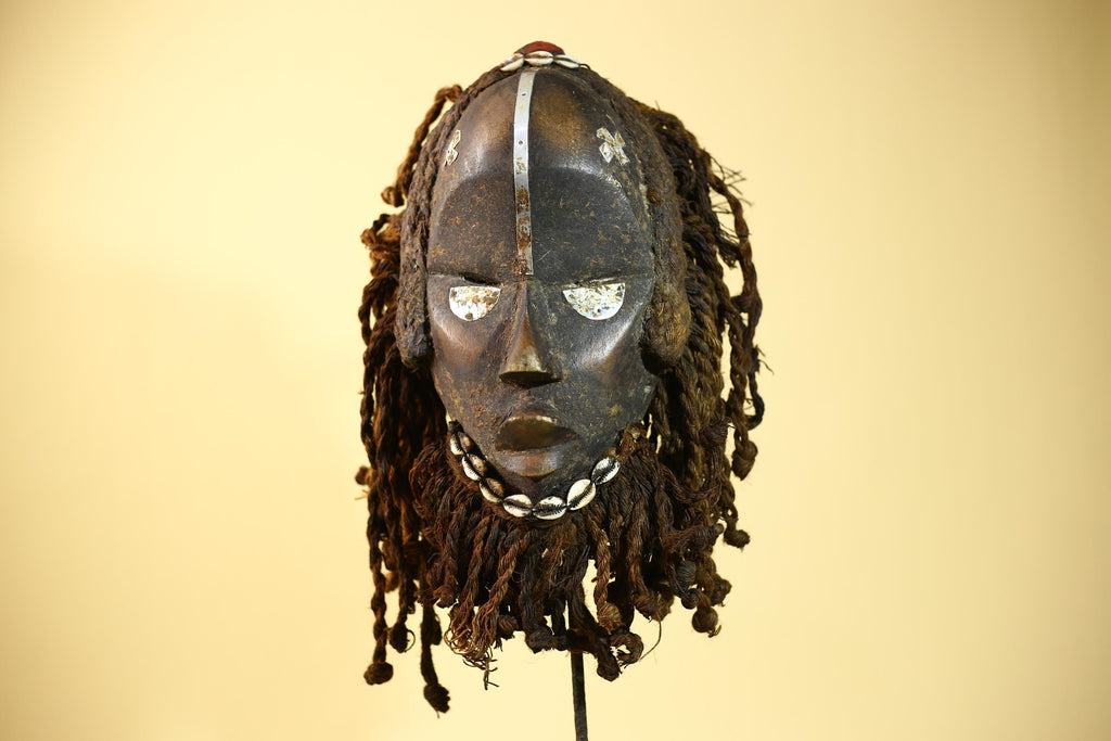 African Vintage Dan Mask Braided Fiber Hair Cowrie Shell Metal Inlay Eyes-G6018