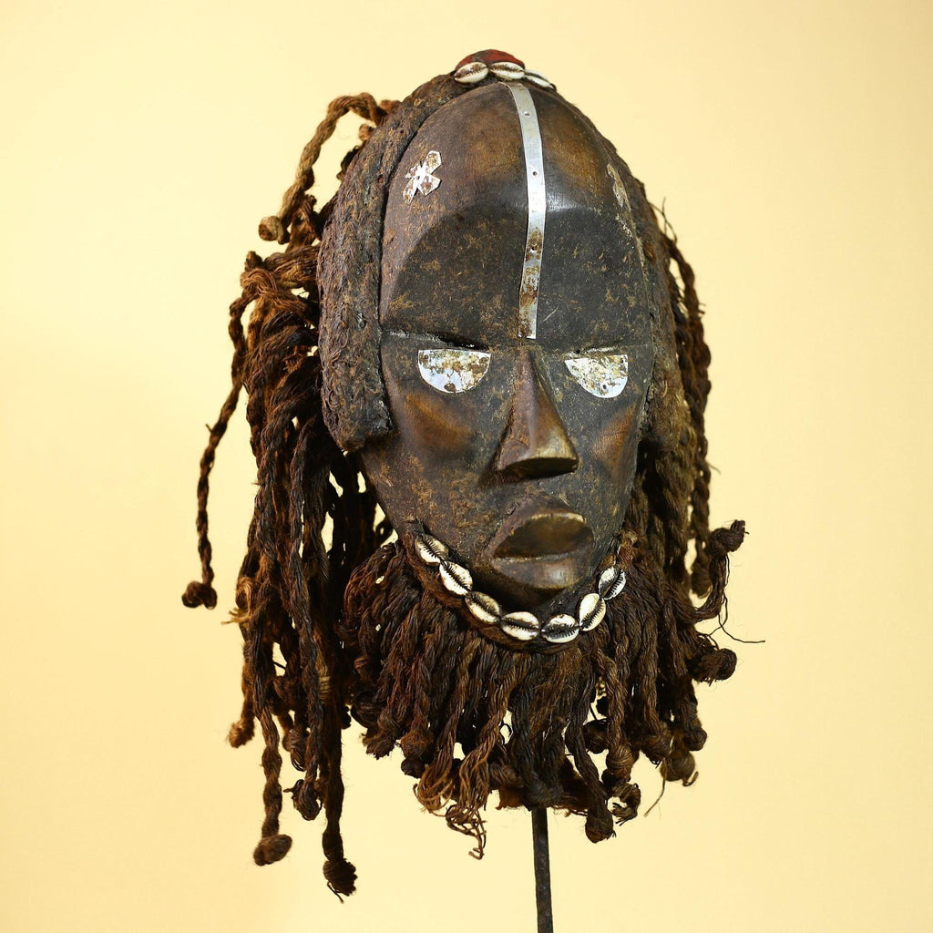 African Vintage Dan Mask Braided Fiber Hair Cowrie Shell Metal Inlay Eyes-G6018