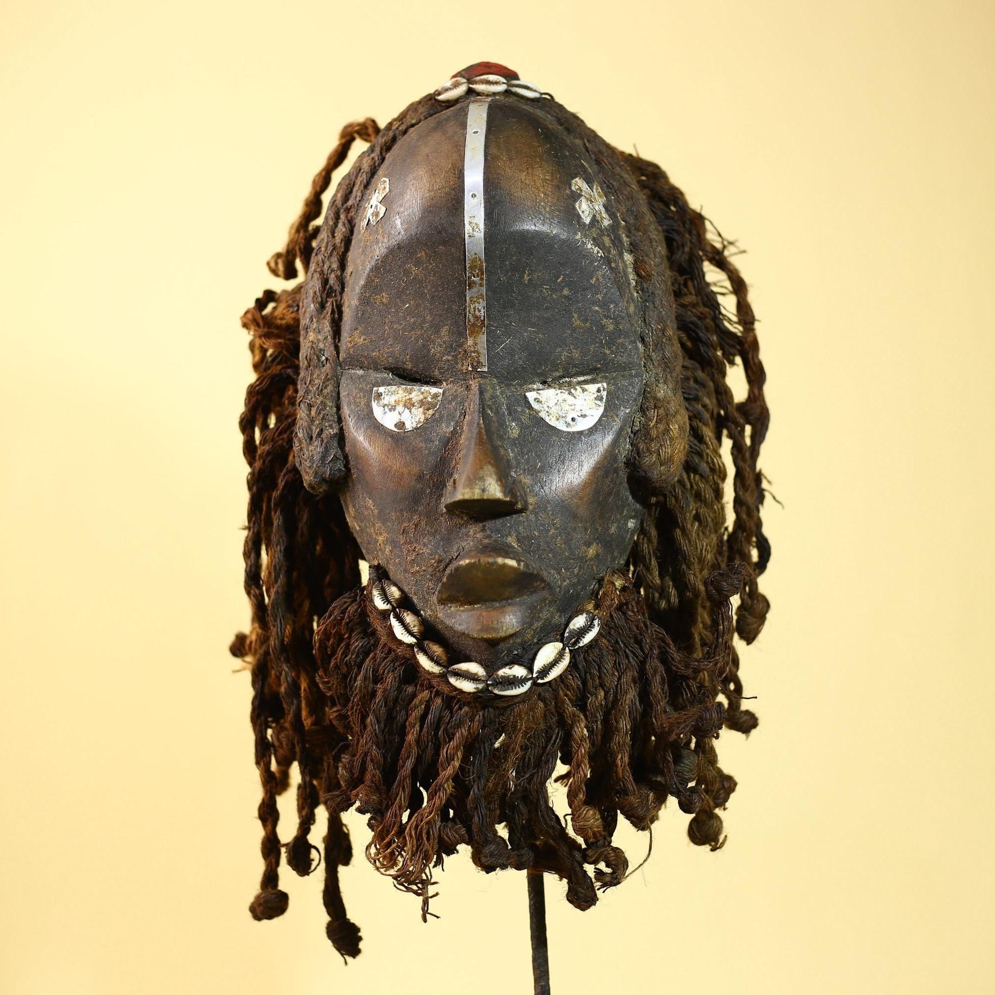 African Vintage Dan Mask Braided Fiber Hair Cowrie Shell Metal Inlay Eyes-G6018
