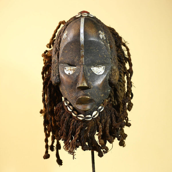 African Vintage Dan Mask Braided Fiber Hair Cowrie Shell Metal Inlay Eyes-G6018
