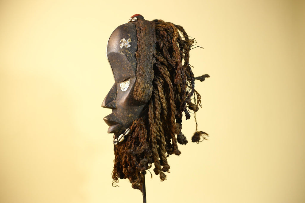 African Vintage Dan Mask Braided Fiber Hair Cowrie Shell Metal Inlay Eyes-G6018