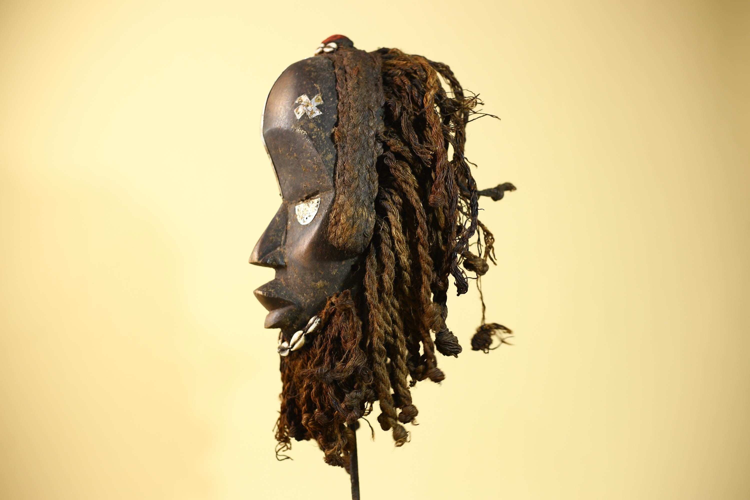 African Vintage Dan Mask Braided Fiber Hair Cowrie Shell Metal Inlay Eyes-G6018