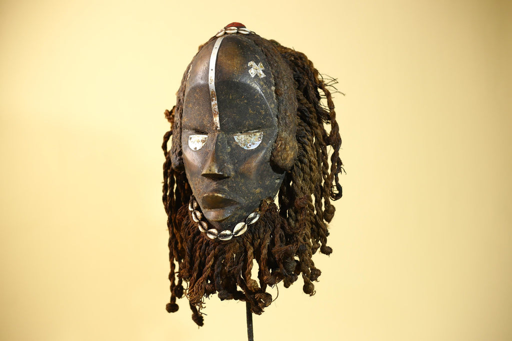 African Vintage Dan Mask Braided Fiber Hair Cowrie Shell Metal Inlay Eyes-G6018