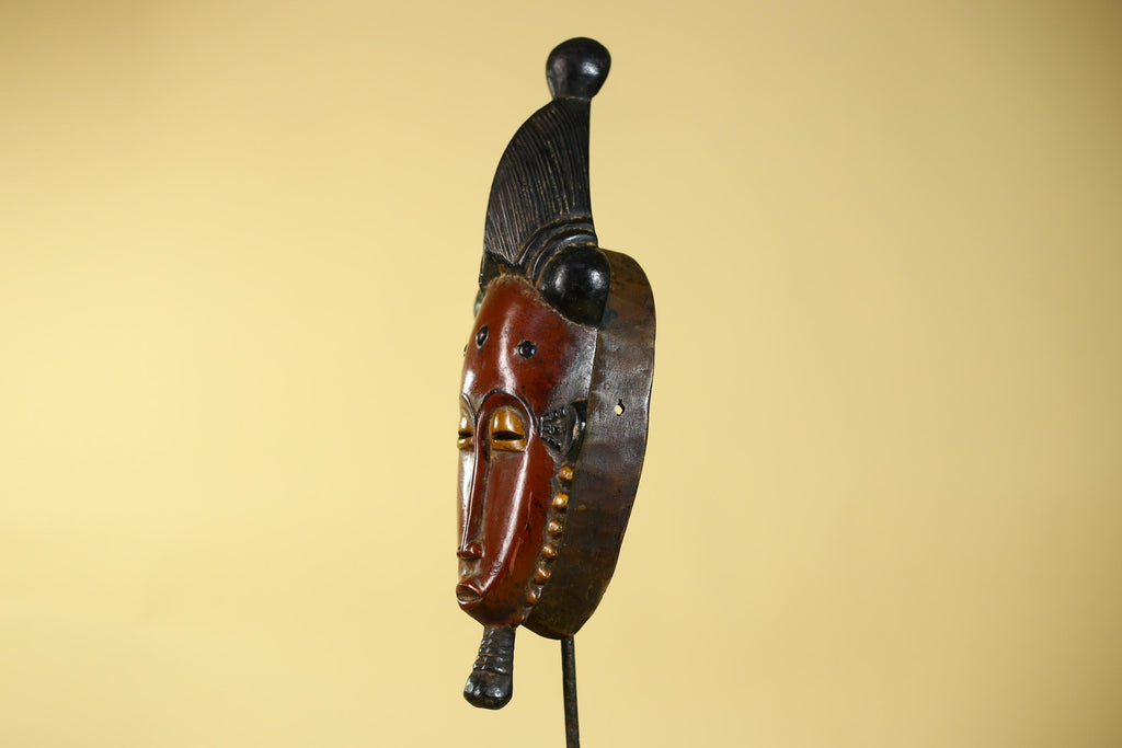 African Mask Baule Style With Tall Crest Wooden Tribal Wall Art Vintage-G6132