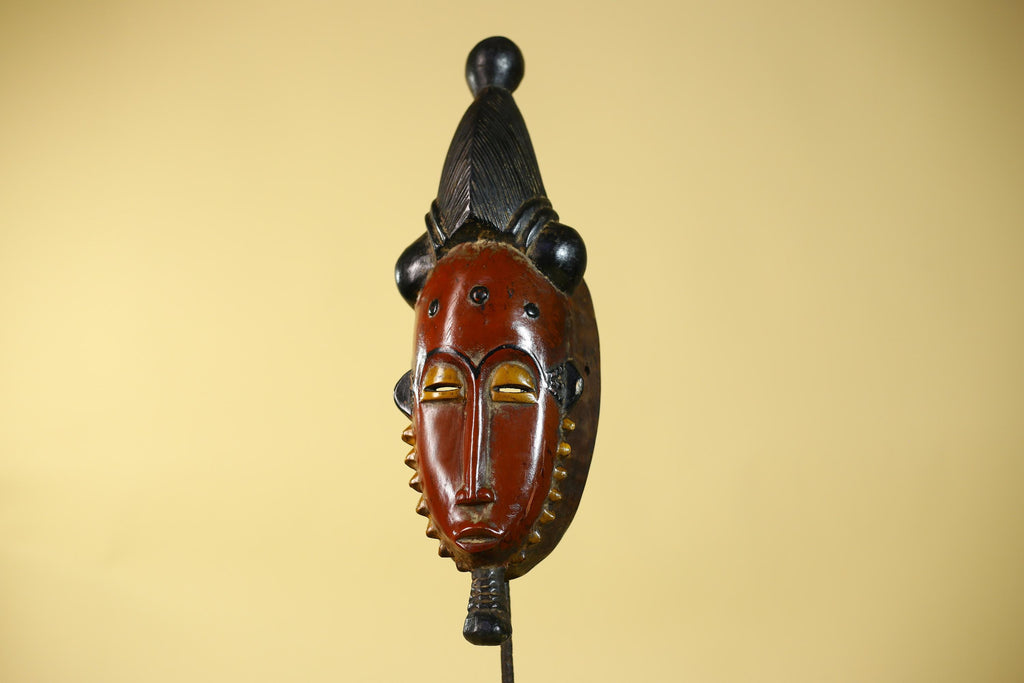 African Mask Baule Style With Tall Crest Wooden Tribal Wall Art Vintage-G6132