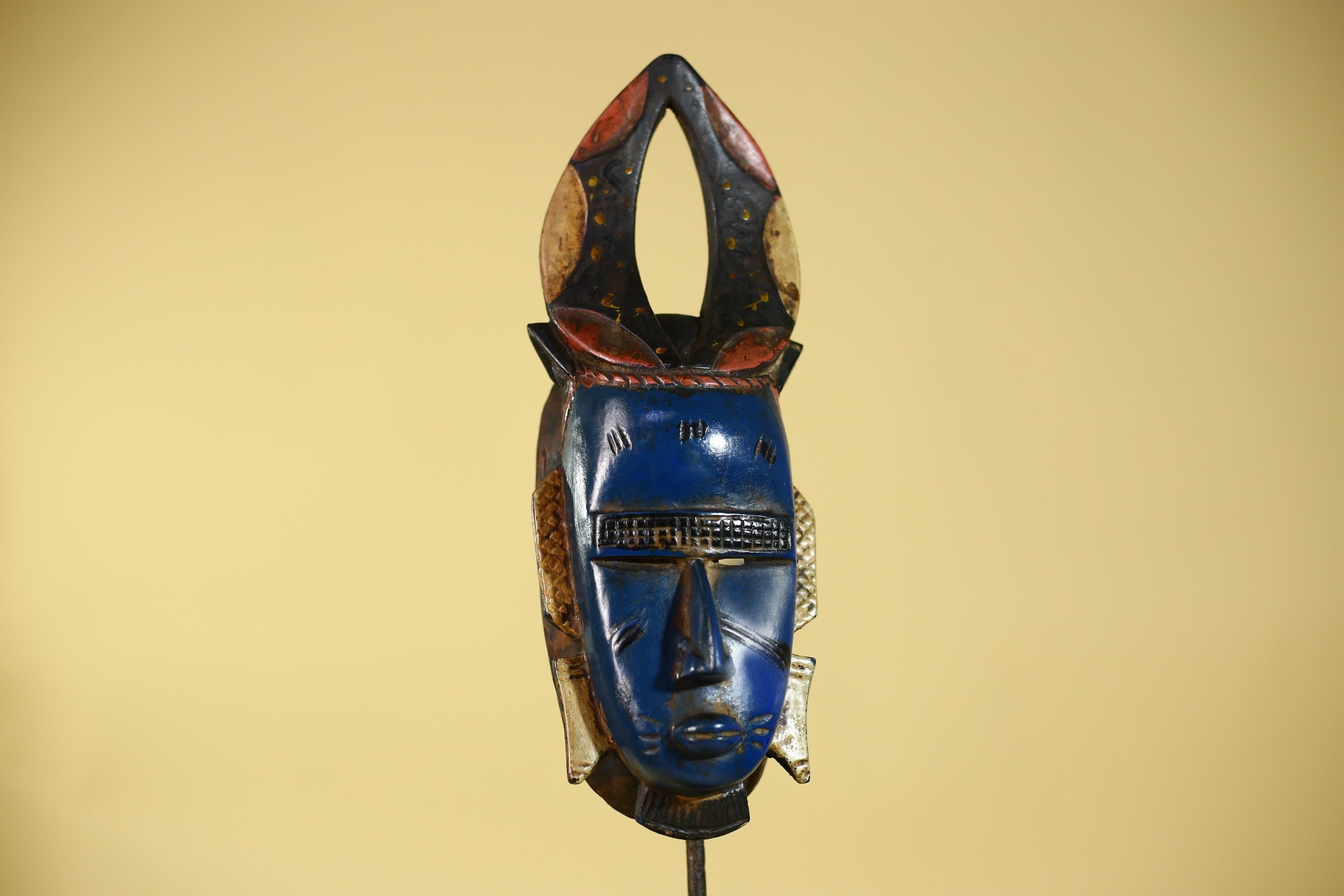 African Mask Blue Face Horned Crest | Wooden Art Tribal Wall Decor-G6133