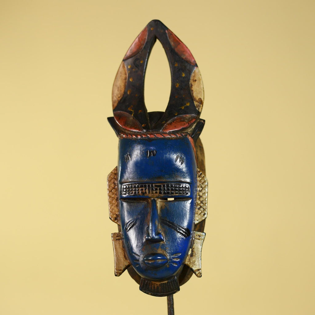 African Mask Blue Face Horned Crest | Wooden Art Tribal Wall Decor-G6133