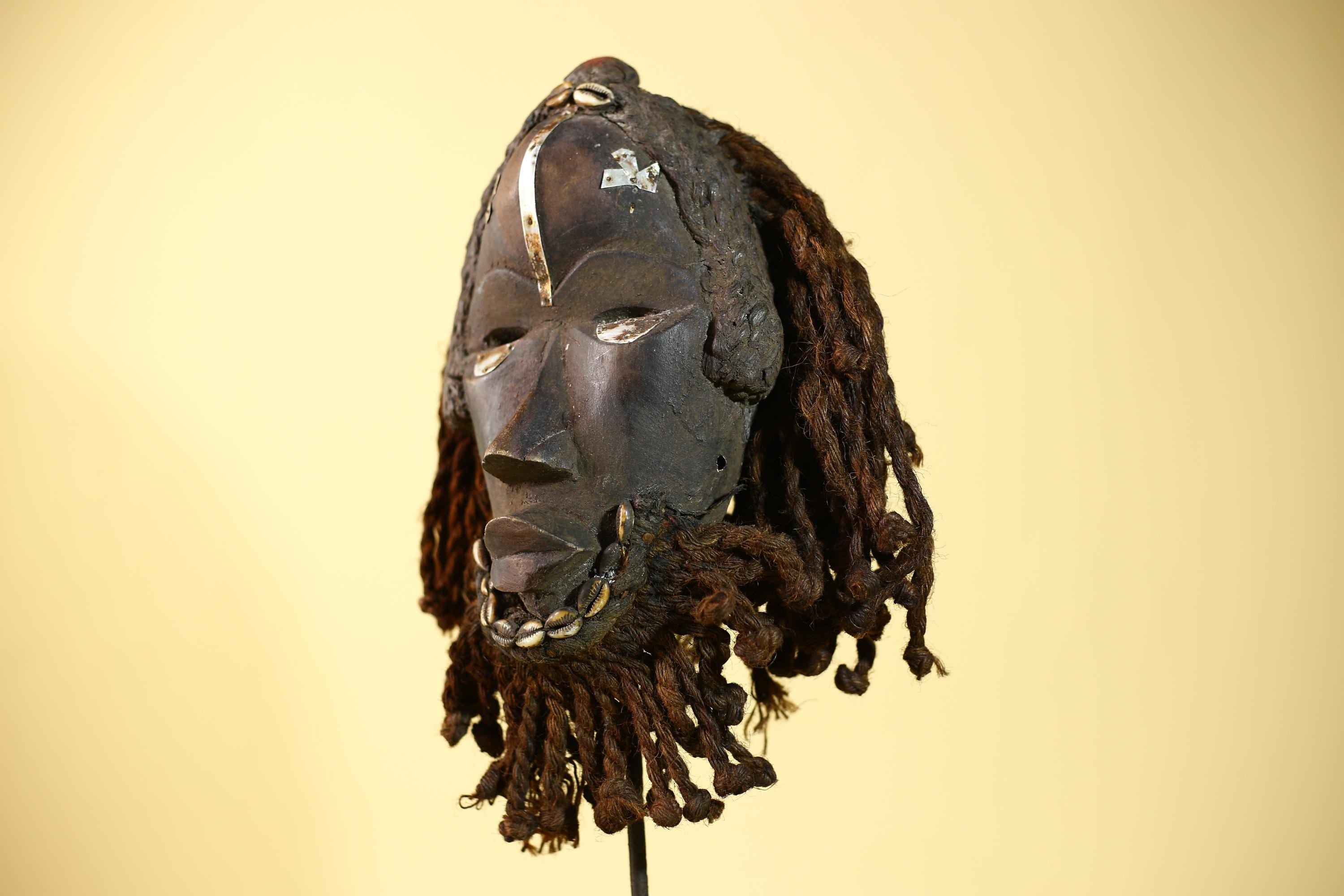 African Vintage Dan Tribal Mask with Braided & Cowrie Shells Côte d’Ivoire-G6019