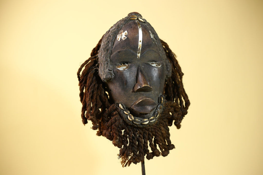 African Vintage Dan Tribal Mask with Braided & Cowrie Shells Côte d’Ivoire-G6019