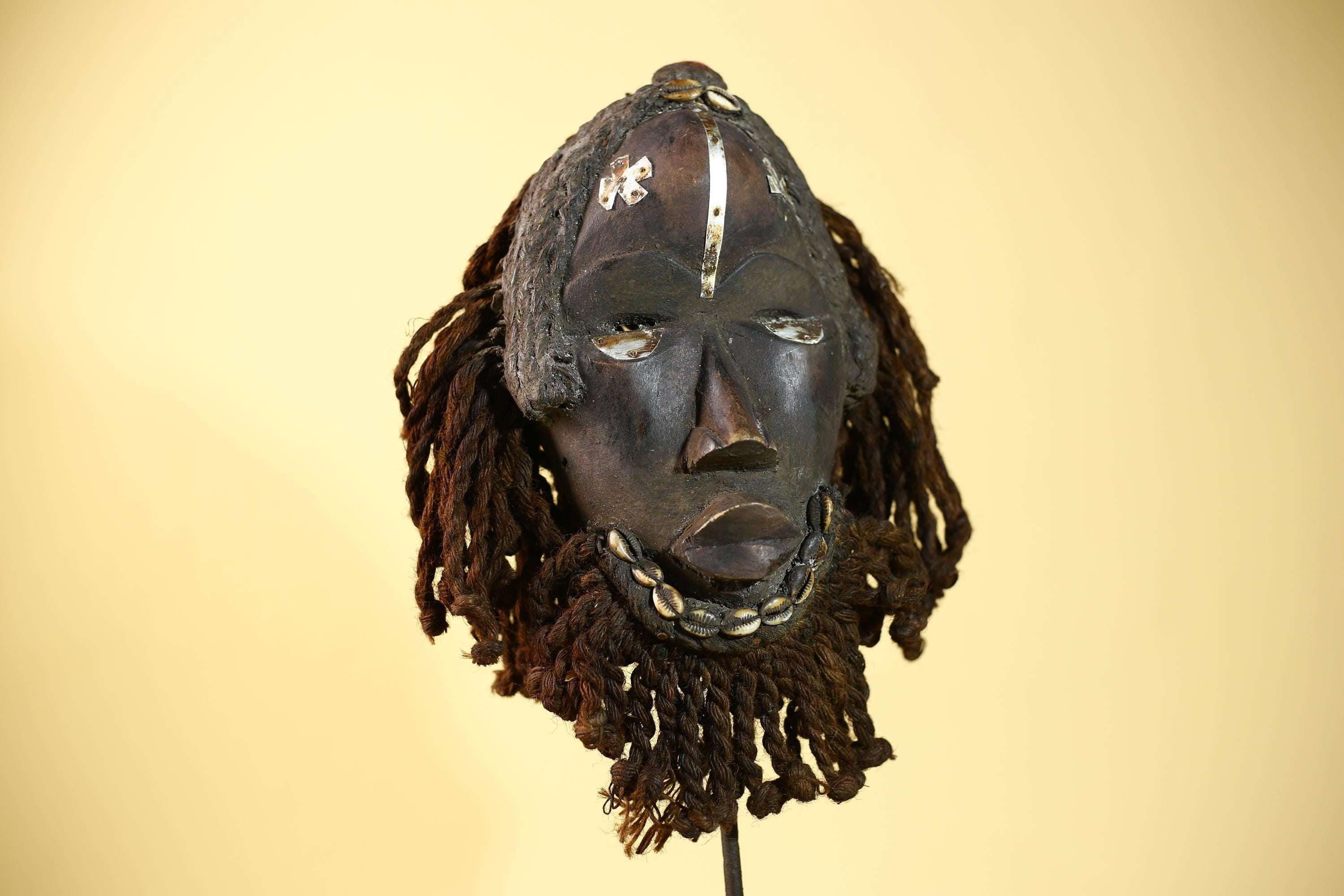 African Vintage Dan Tribal Mask with Braided & Cowrie Shells Côte d’Ivoire-G6019