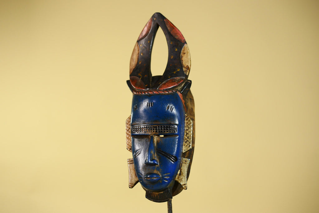 African Mask Blue Face Horned Crest | Wooden Art Tribal Wall Decor-G6133