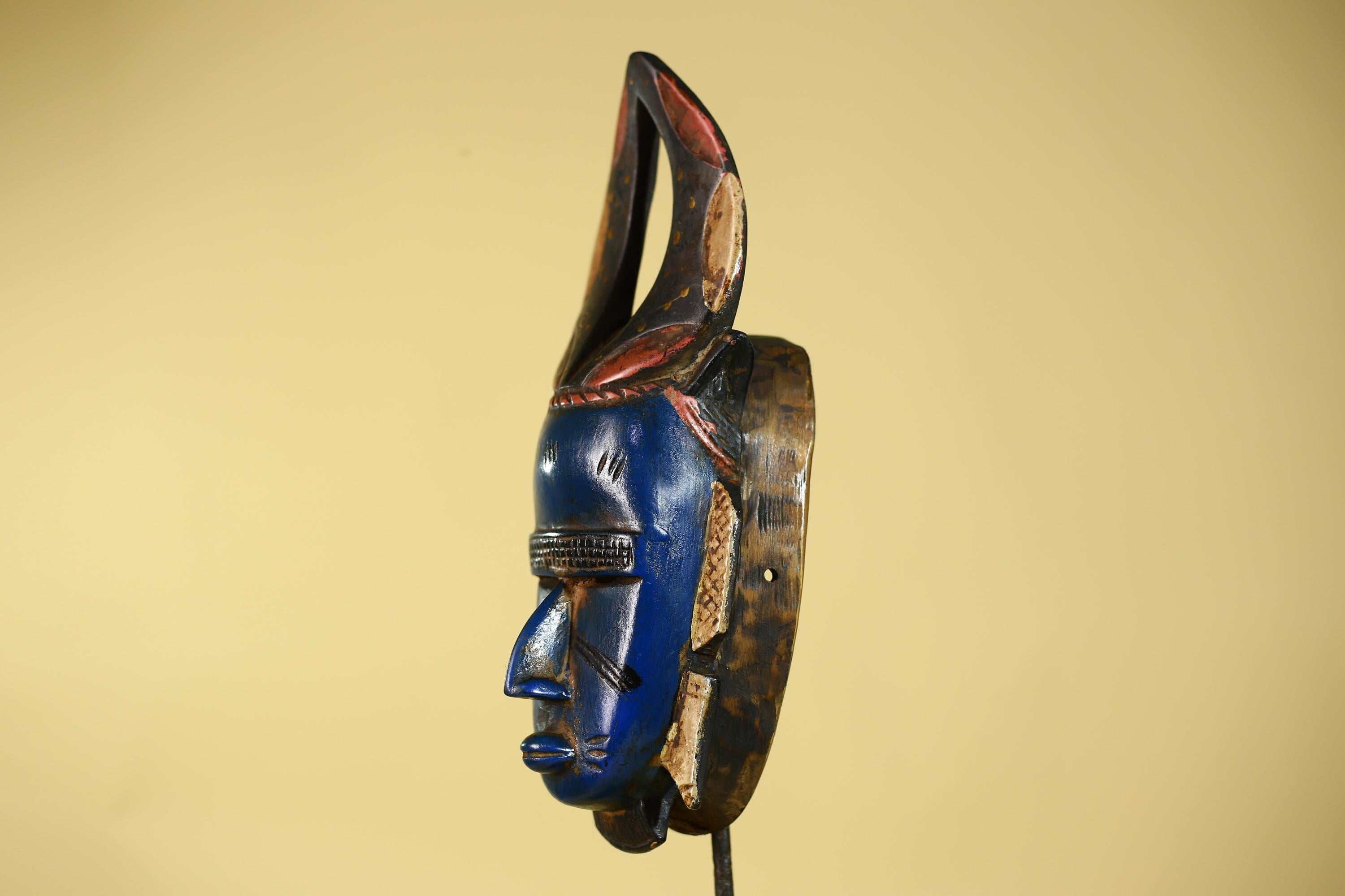 African Mask Blue Face Horned Crest | Wooden Art Tribal Wall Decor-G6133