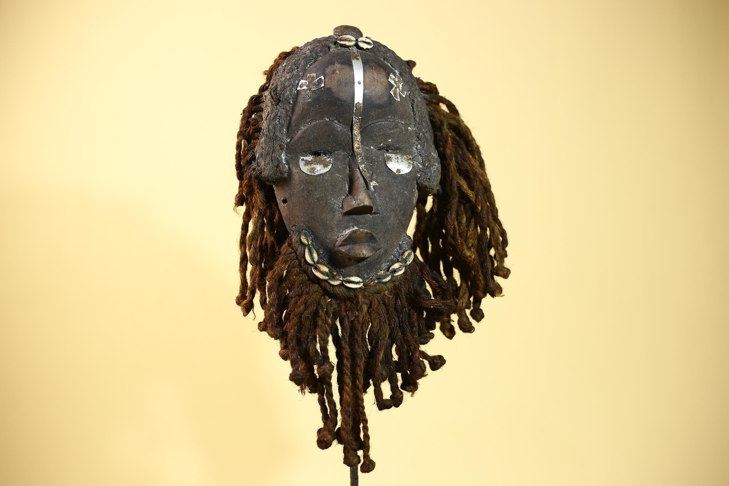 Vintage Dan African Mask with Cowrie & Braided Fiber Hair–Tribal Wood Mask-G6020