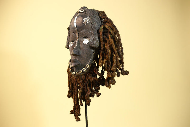 Vintage Dan African Mask with Cowrie & Braided Fiber Hair–Tribal Wood Mask-G6020