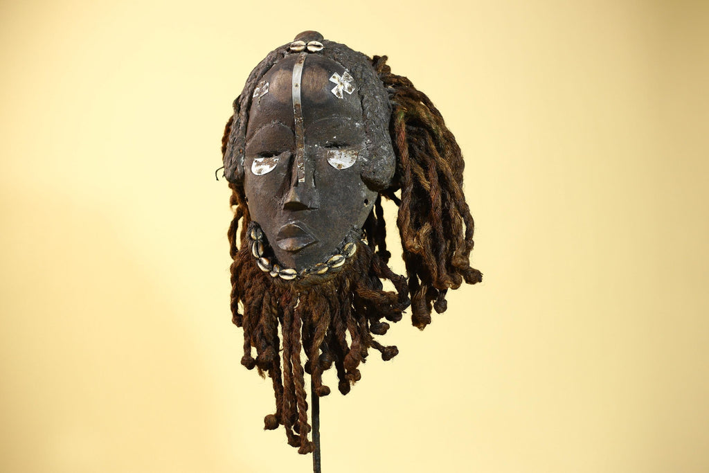 Vintage Dan African Mask with Cowrie & Braided Fiber Hair–Tribal Wood Mask-G6020