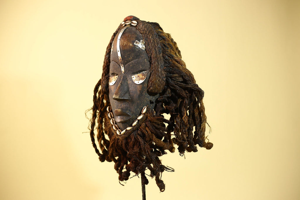 Vintage Dan Tribal Mask with Cowrie Beads & Braided Fiber – African Art-G6021