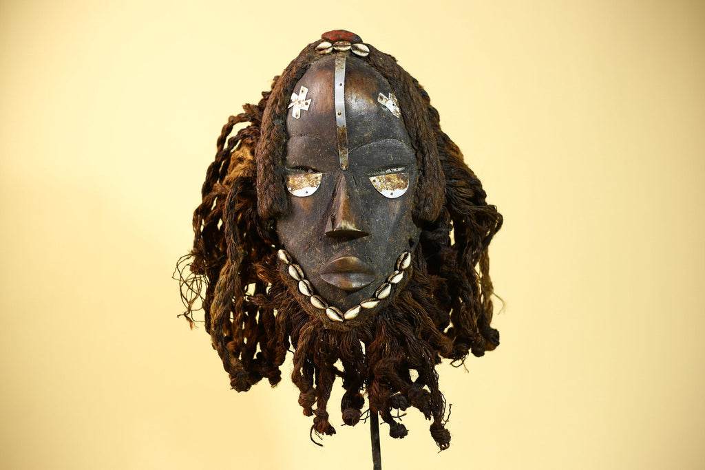 Vintage Dan Tribal Mask with Cowrie Beads & Braided Fiber – African Art-G6021