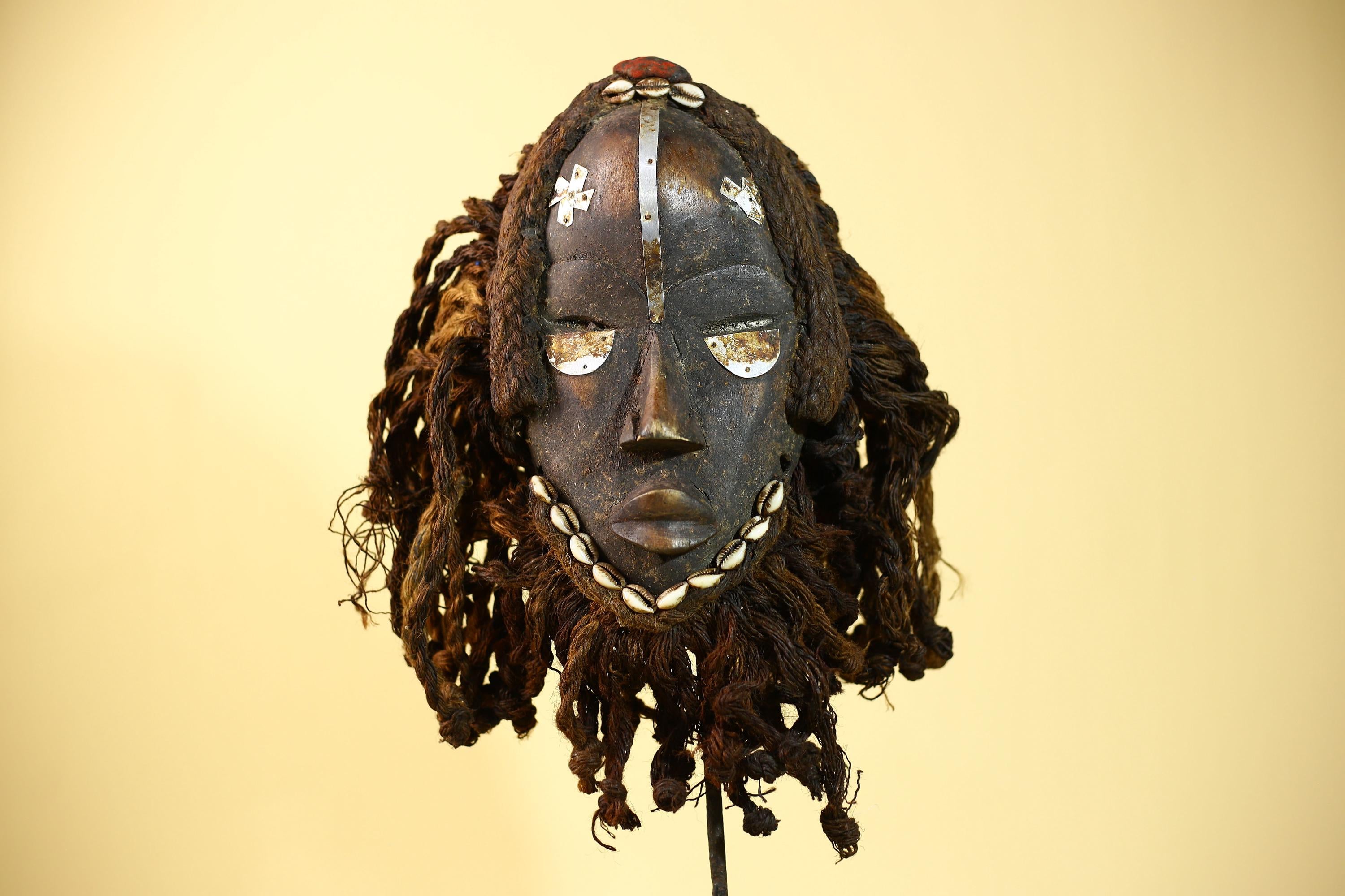 Vintage Dan Tribal Mask with Cowrie Beads & Braided Fiber – African Art-G6021