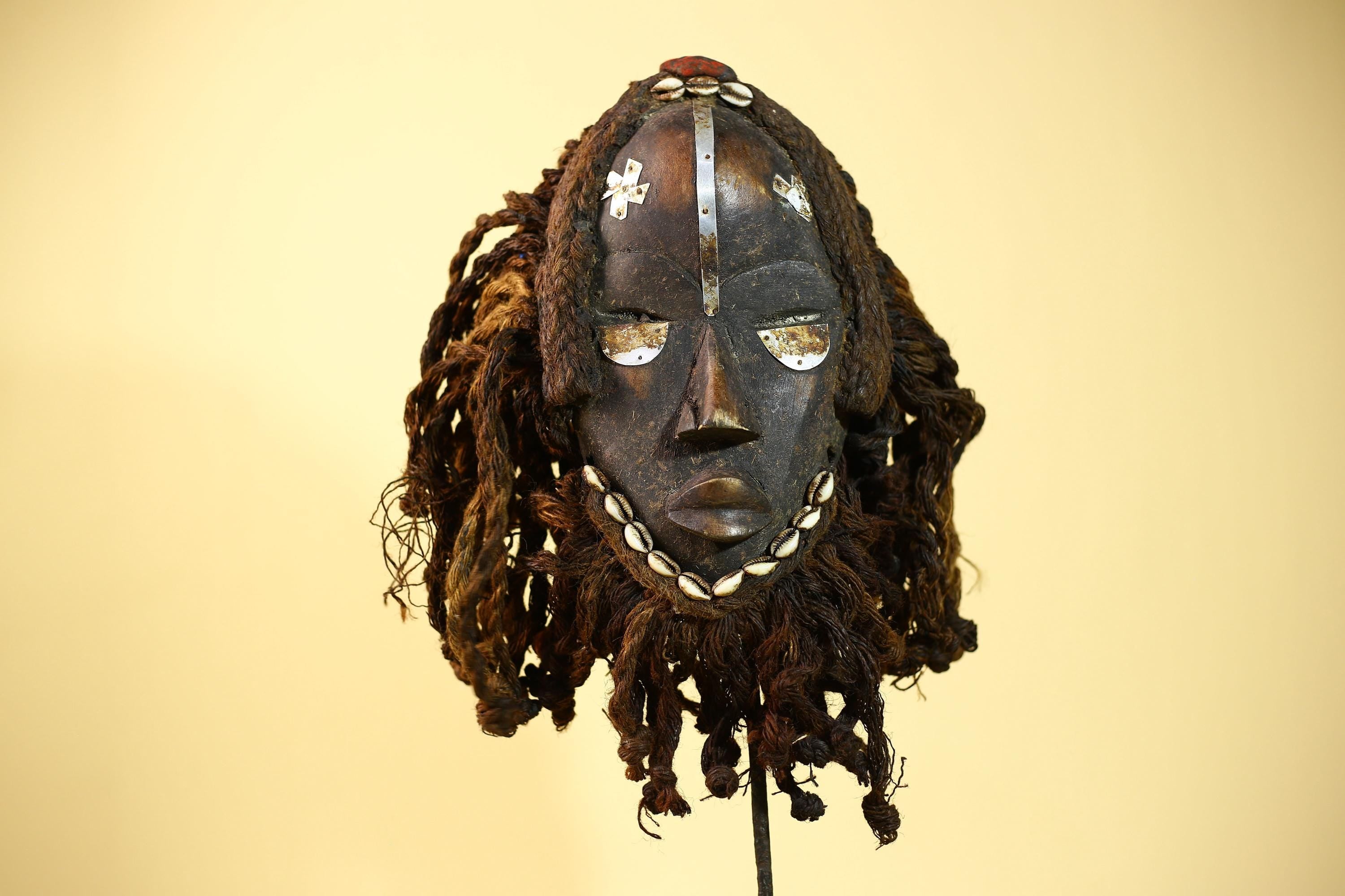 Vintage Dan Tribal Mask with Cowrie Beads & Braided Fiber – African Art-G6021