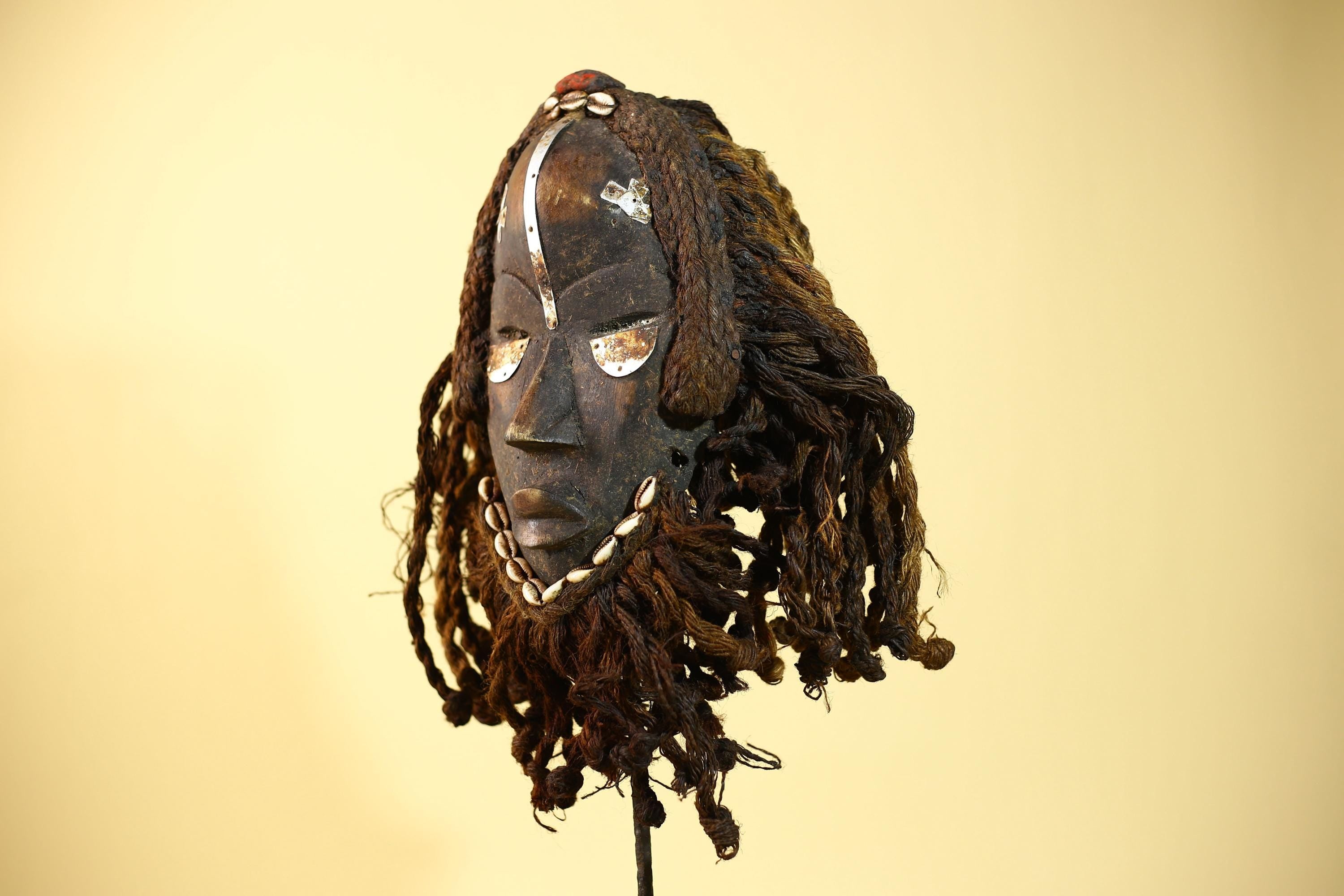 Vintage Dan Tribal Mask with Cowrie Beads & Braided Fiber – African Art-G6021