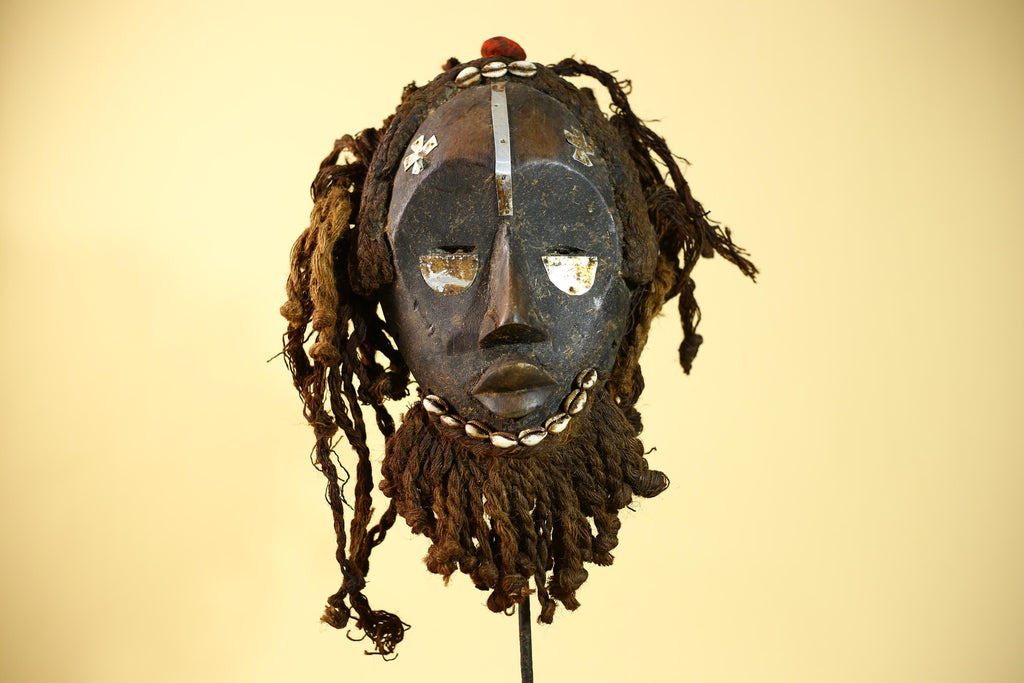 African Vintage Dan Mask Tribal Art Cowrie Inlay Fiber Braids Carved Wood-G6023