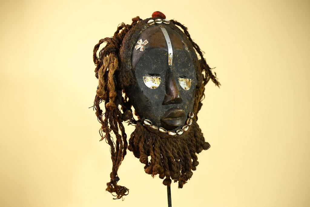 African Vintage Dan Mask Tribal Art Cowrie Inlay Fiber Braids Carved Wood-G6023