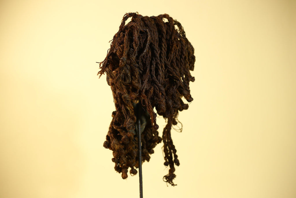 African Vintage Dan Mask Tribal Art Cowrie Inlay Fiber Braids Carved Wood-G6023