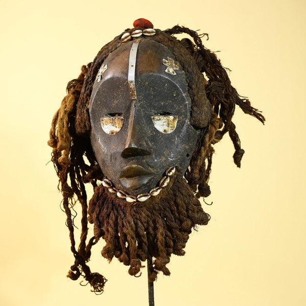 African Vintage Dan Mask Tribal Art Cowrie Inlay Fiber Braids Carved Wood-G6023