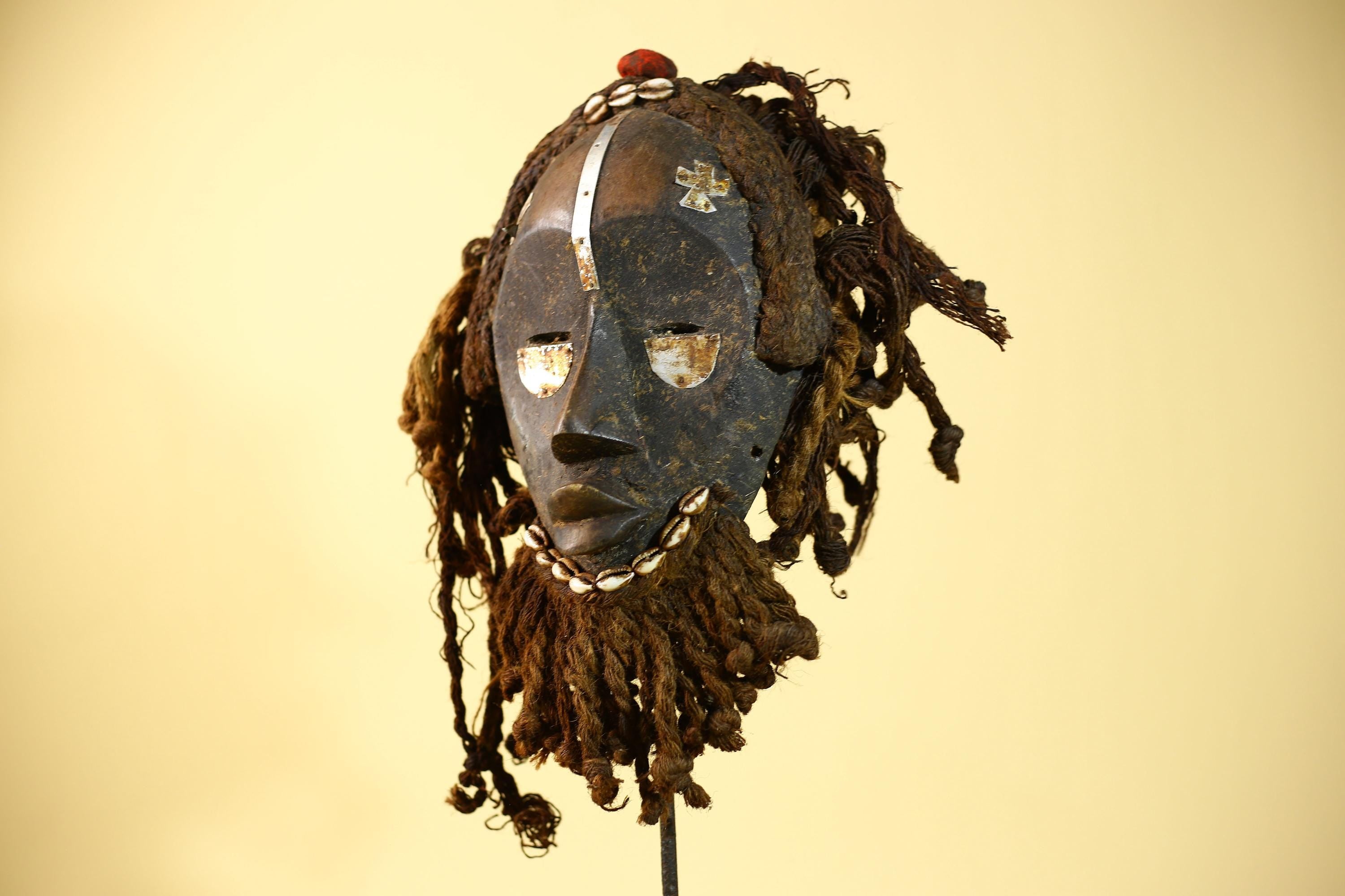 African Vintage Dan Mask Tribal Art Cowrie Inlay Fiber Braids Carved Wood-G6023