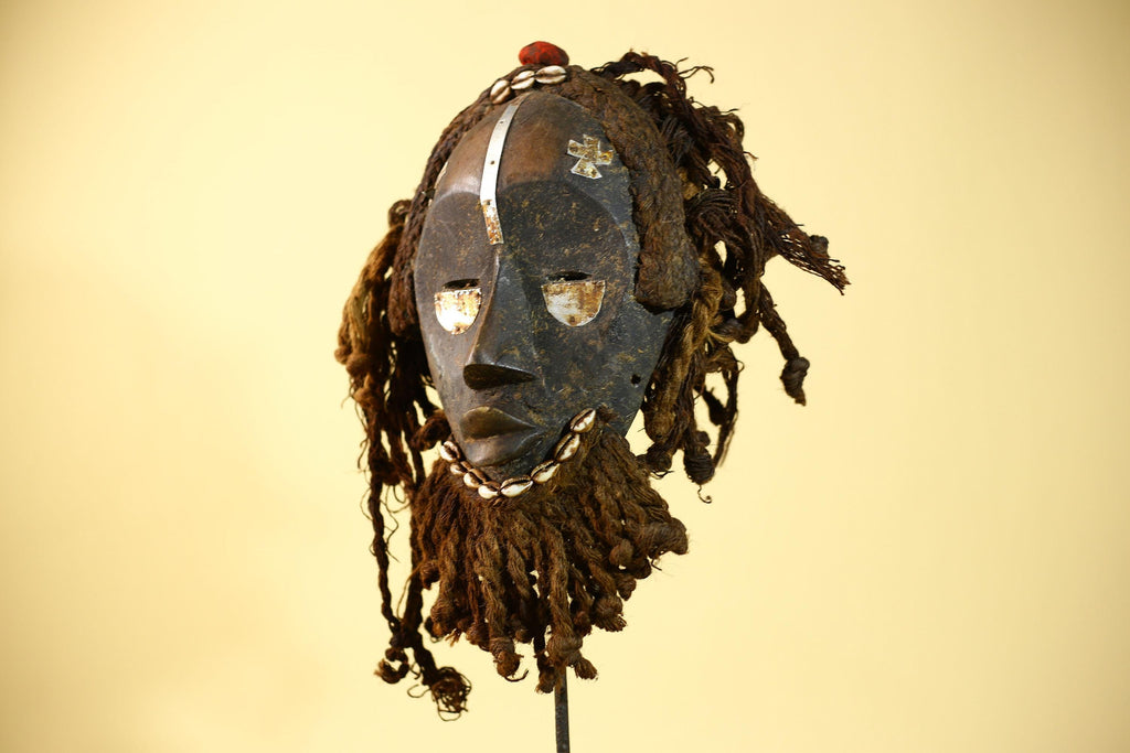African Vintage Dan Mask Tribal Art Cowrie Inlay Fiber Braids Carved Wood-G6023