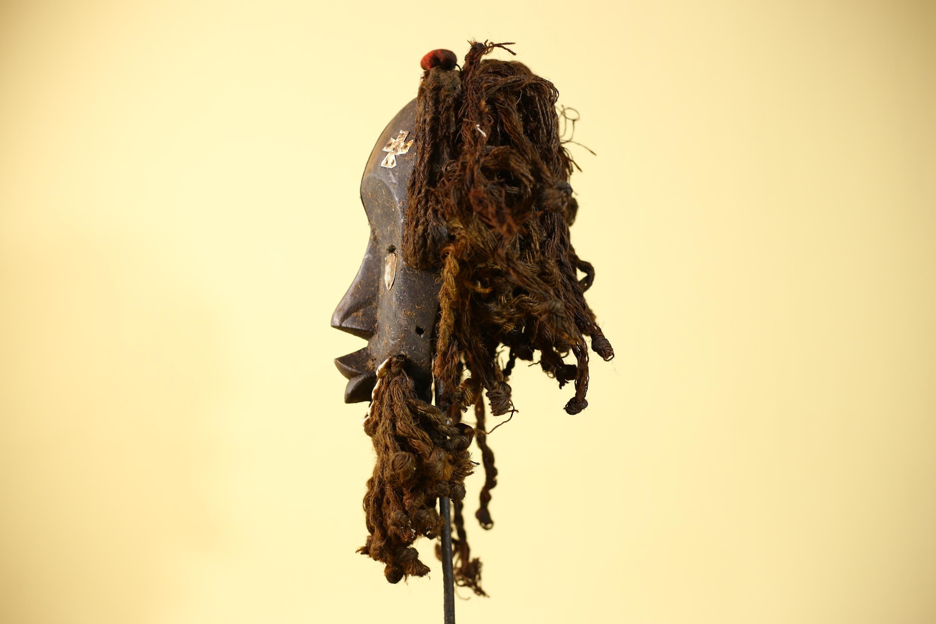 African Vintage Dan Mask Tribal Art Cowrie Inlay Fiber Braids Carved Wood-G6023