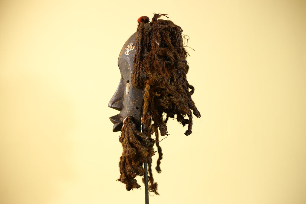 African Vintage Dan Mask Tribal Art Cowrie Inlay Fiber Braids Carved Wood-G6023